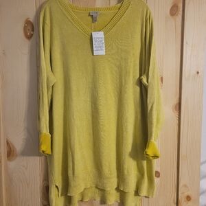 LOGO by Lori Goldstein Sun Faded Cotton V-Neck Sweater Yellow Plus 1X